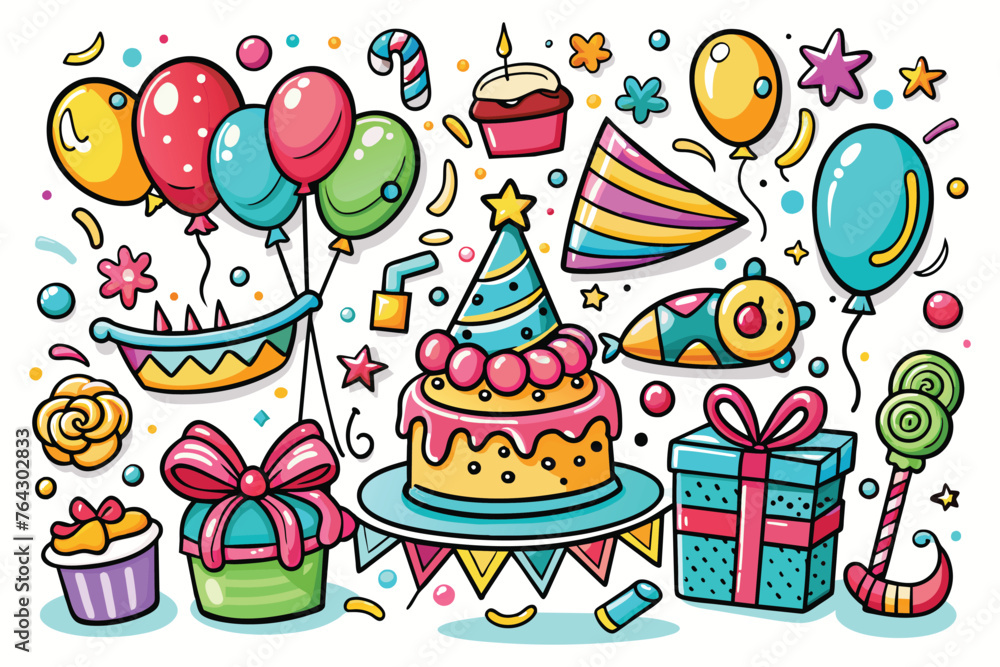 Happy birthday doodle set. Party decoration, gift box, cake, party hats. Perfect for printing, greeting cards, gifts, and scrapbooking. Hand drawn vector illustration isolated on a white background Happy birthday doodle set. Party decoration, gift box, cake, party hats. Perfect for printing, greeting cards, gifts, and scrapbooking. Hand drawn vector illustration isolated on a white background