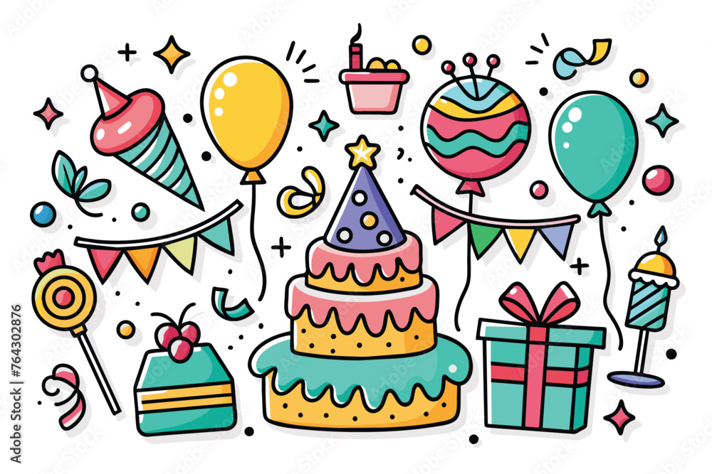 Happy birthday doodle set. Party decoration, gift box, cake, party hats. Perfect for printing, greeting cards, gifts, and scrapbooking. Hand drawn vector illustration isolated on a white background Happy birthday doodle set. Party decoration, gift box, cake, party hats. Perfect for printing, greeting cards, gifts, and scrapbooking. Hand drawn vector illustration isolated on a white background