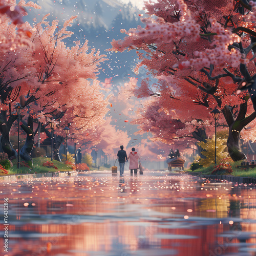 couple holding hands  walking along a path with flowering  cherry trees  in the mountains