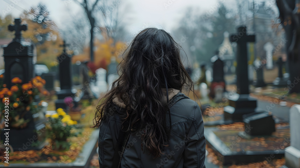 Rear view ai generated picture of sad lonely person visiting relatives standing at cemetery alone Rear view ai generated picture of sad lonely person visiting relatives standing at cemetery alone