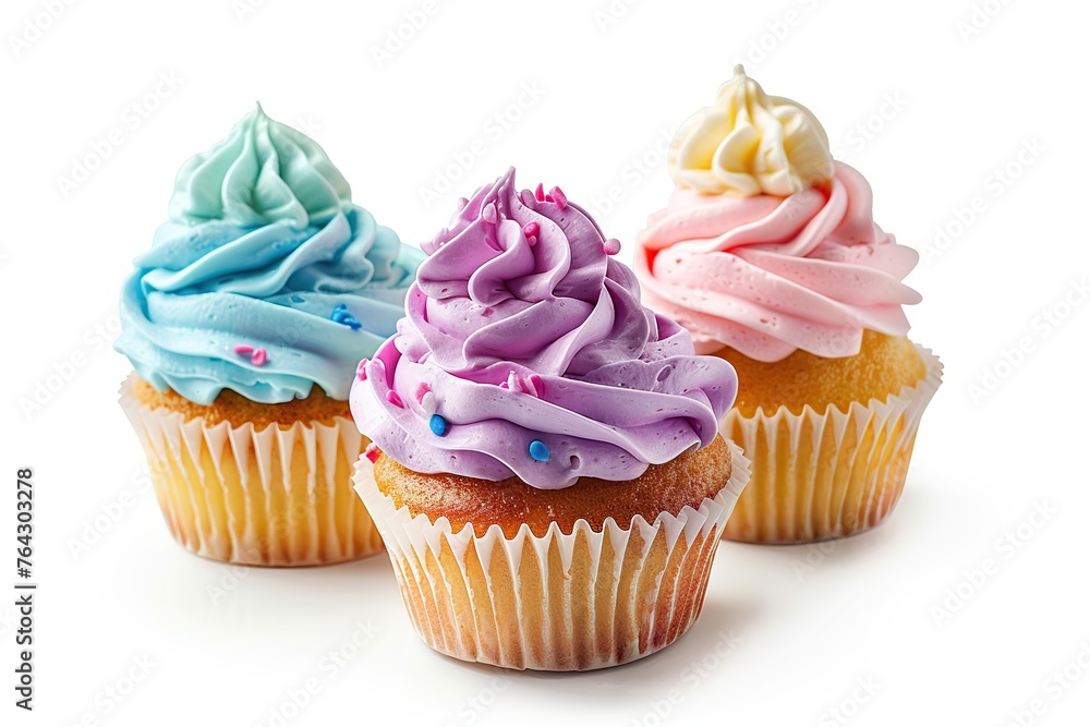 Tasty cupcakes with butter cream and sprinkles on white background Tasty cupcakes with butter cream and sprinkles on white background