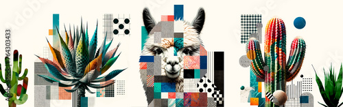 Alpaca Amidst Textured Tapestry: A Collage of Patterns photo