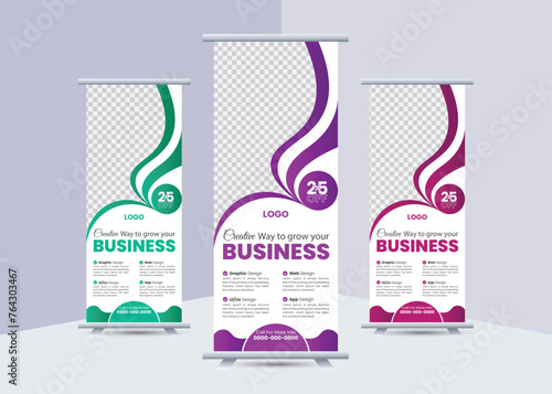 Modern creative corporate business standee x rollup, pullup advertising vertical banner with geometric promotion trendy marketing vector bundle template