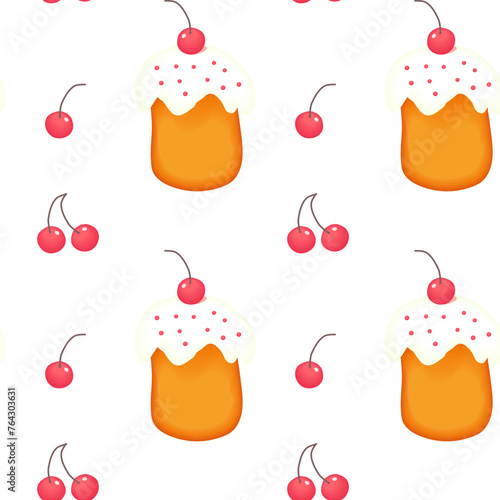 Easter kulich with cherry. On light background for postcards, banners. Vector illustration.