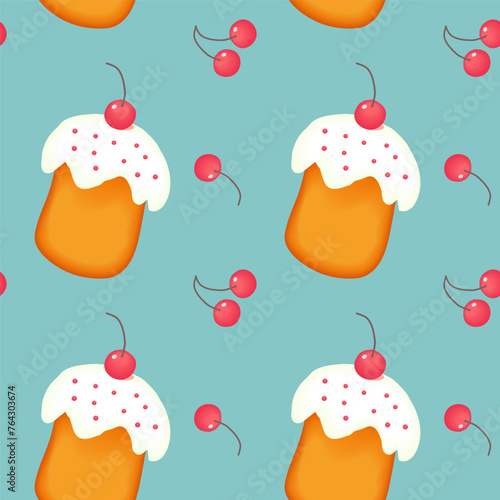 Easter kulich with cherry. On light background for postcards, banners. Vector illustration.
