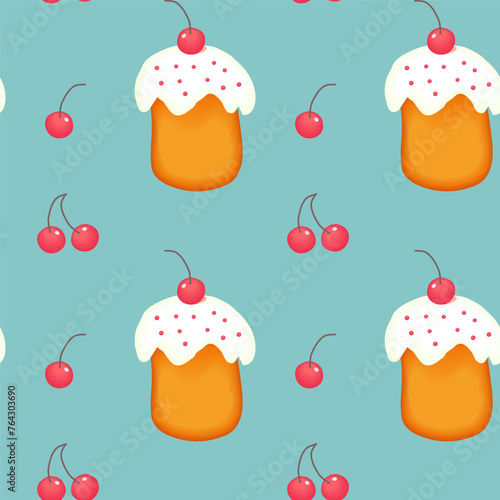 Easter kulich with cherry. On light background for postcards, banners. Vector illustration.