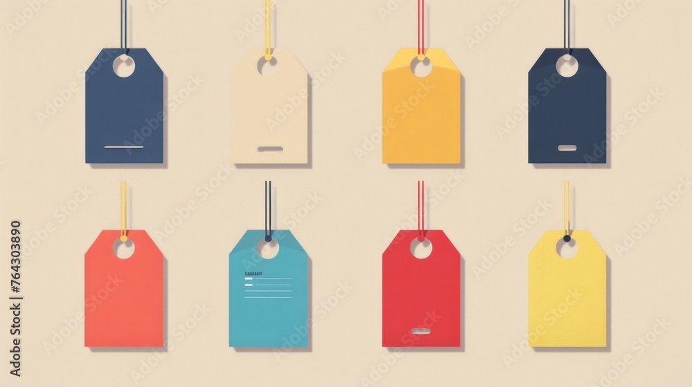 A set of empty price tags of different shapes. Empty paper labels. A collection of paper tags. illustration.