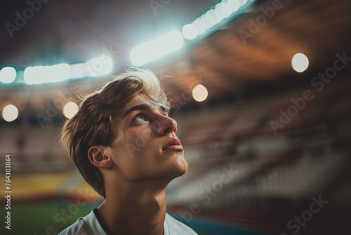 A young man is looking up at the lights in a stadium