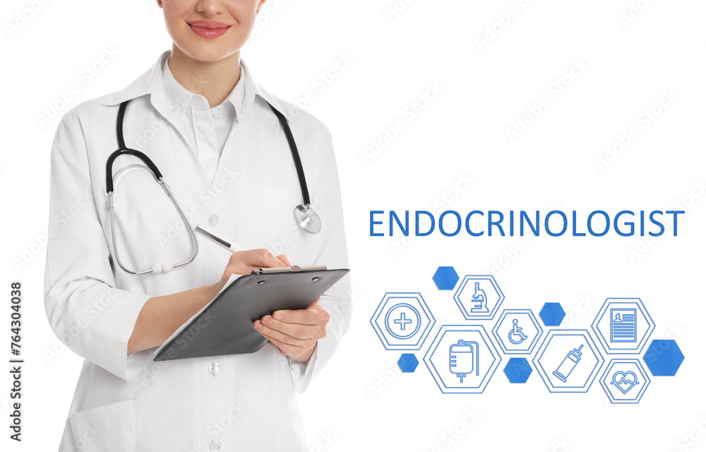 Endocrinologist with stethoscope and different icons on white background, closeup Endocrinologist with stethoscope and different icons on white background, closeup