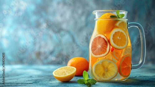 fresh lemonade with lemon and strawberries in a jug photo
