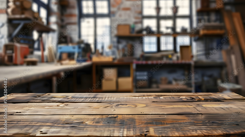 Wooden table top with copy space. Workshop background Wooden table top with copy space. Workshop background