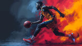Dynamic basketball player in action, vibrant abstract artistic background, concept of energy and passion in sports.