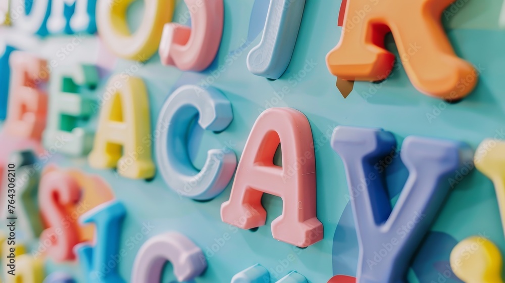 Fototapeta premium A close-up of pastel-colored magnetic letters on a whiteboard AI generated illustration