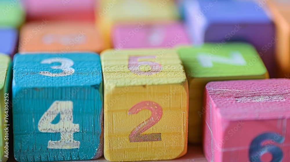 A close-up of pastel-colored wooden blocks with numbers AI generated illustration A close-up of pastel-colored wooden blocks with numbers AI generated illustration