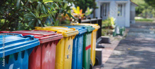 colorful recycling bin on the side of a street with copy space