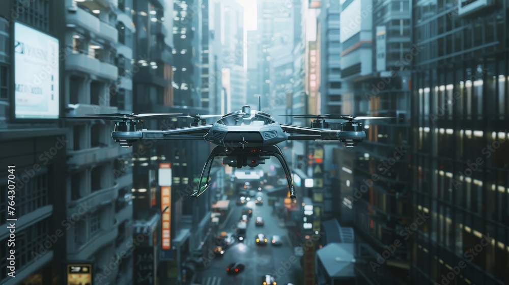 A futuristic drone delivery service seamlessly transporting goods across urban landscapes AI generated illustration