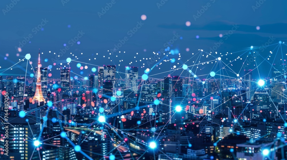 A futuristic smart city skyline with interconnected IoT devices optimizing urban infrastructure AI generated illustration A futuristic smart city skyline with interconnected IoT devices optimizing urban infrastructure AI generated illustration