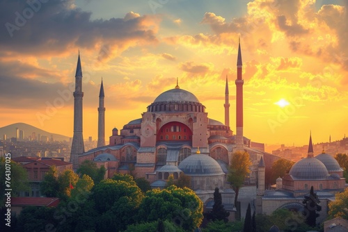 A Sunset View of the Blue Mosque in Turkey, Historic city of Istanbul with the majestic Hagia Sophia during golden hour, AI Generated photo