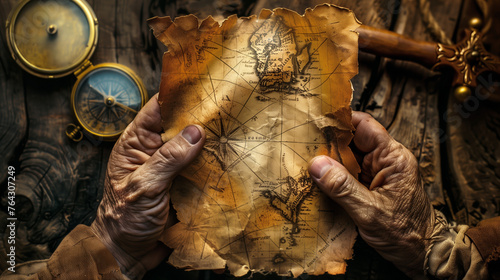 Close-up of the hands of an old pirate holding a treasure map. photo