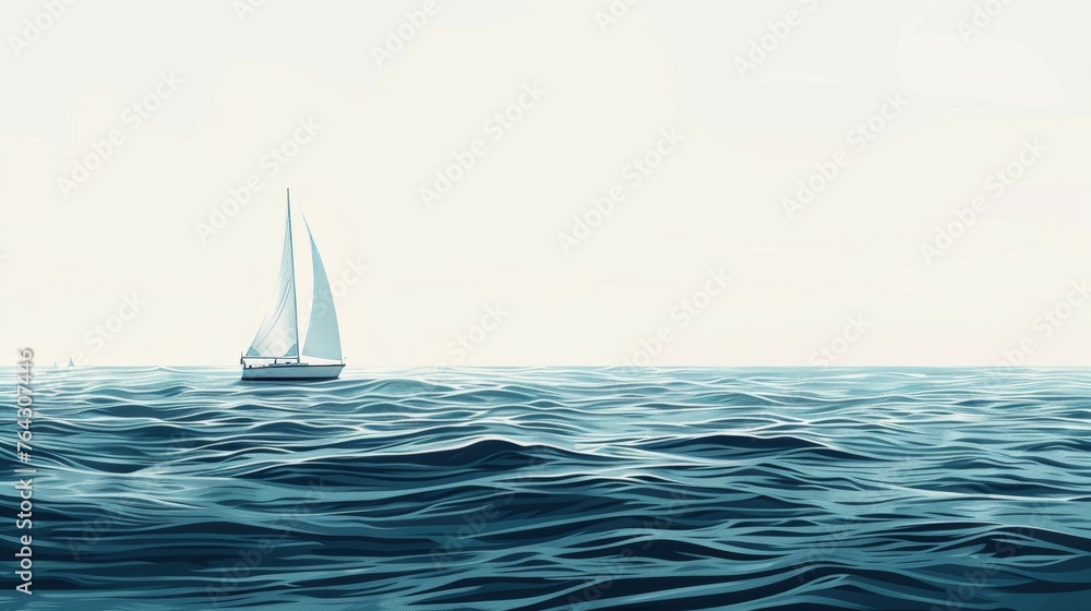 Obraz premium A lone sailboat on a calm ocean with a minimalist wave pattern AI generated illustration