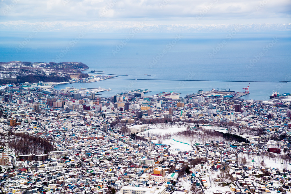 Otaru, Japan - March 27 2016: Tengu mountain cable car and the panoramic view of Otaru city