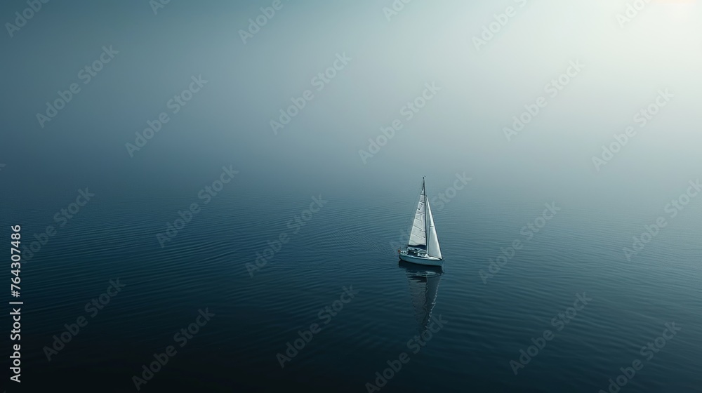 A lone sailboat on calm waters with minimalistic waves AI generated illustration - obrazy, fototapety, plakaty 