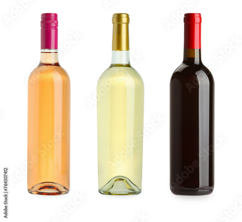 Bottles of white, rose and red wines isolated on white, set