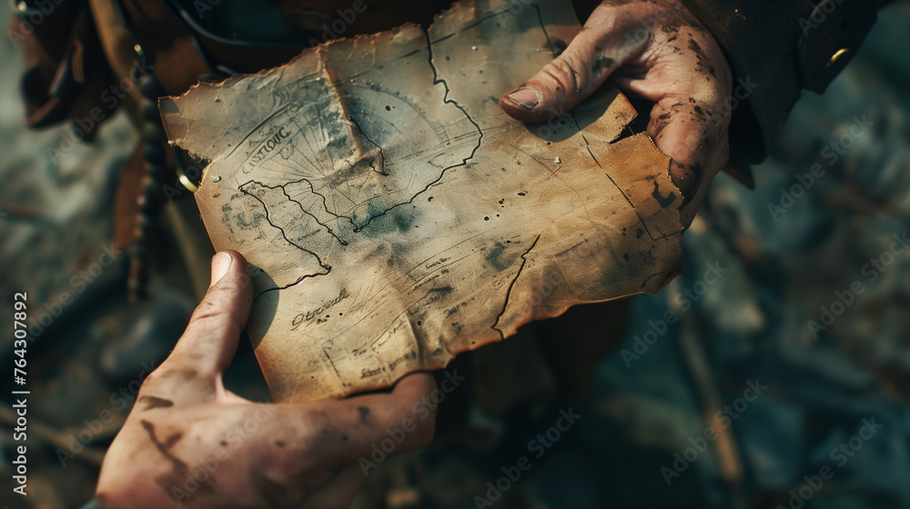 Obraz premium Close-up of the hands of an old pirate holding a treasure map and compass.