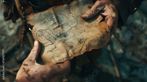 Close-up of the hands of an old pirate holding a treasure map and compass. photo