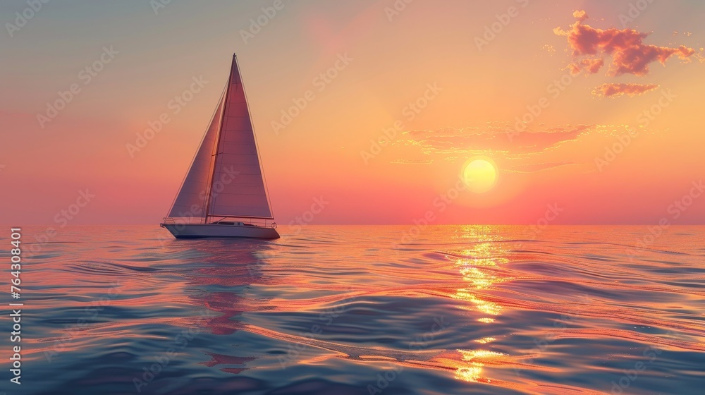 A minimalist sailboat on calm ocean waters with a setting sun AI generated illustration