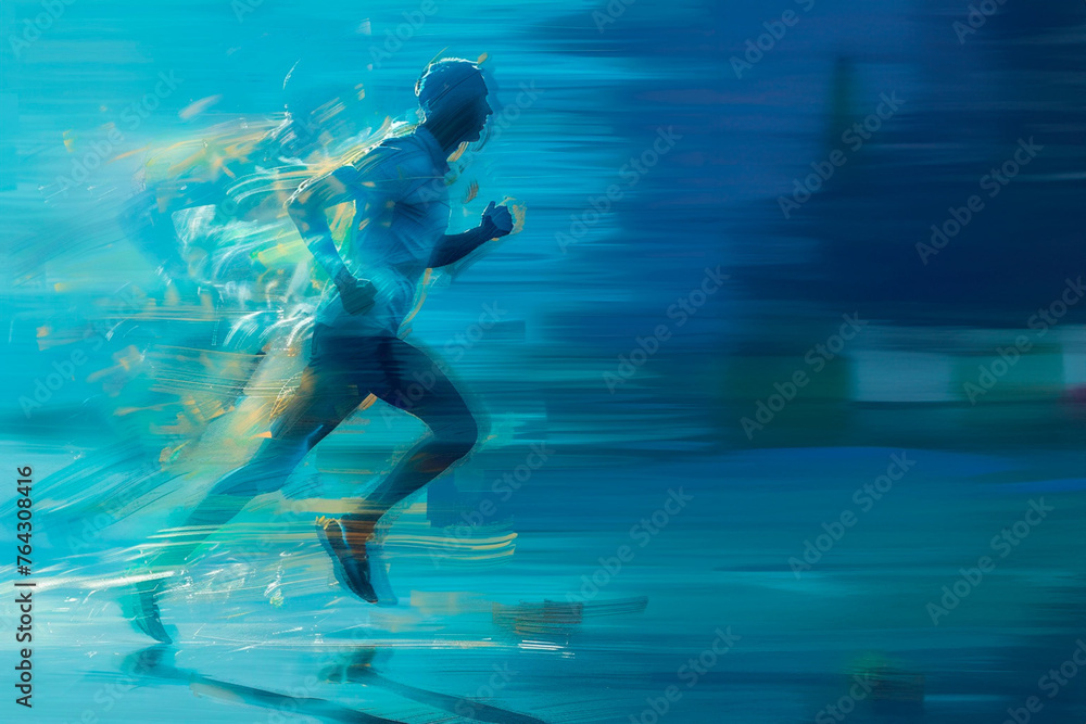 illustration of an athlete man, he is running leaving a speed trail on blue background