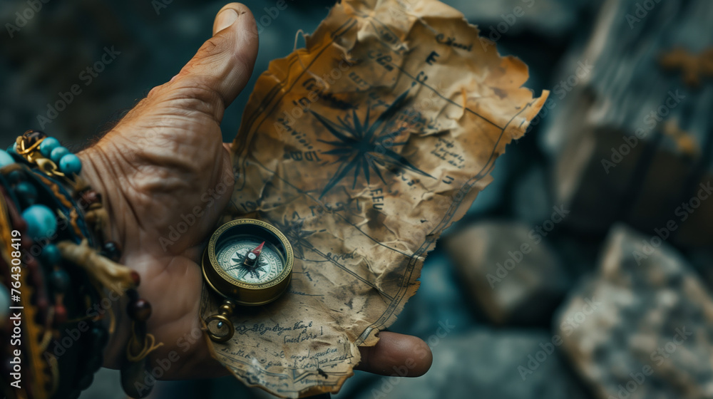 Fototapeta premium Close-up of the hands of an old pirate holding a treasure map and compass.
