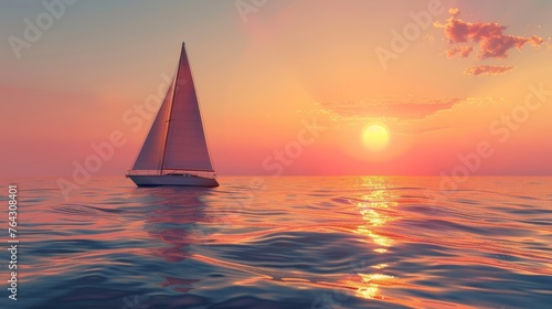 A minimalist sailboat on calm ocean waters with a setting sun AI generated illustration © Olive Studio