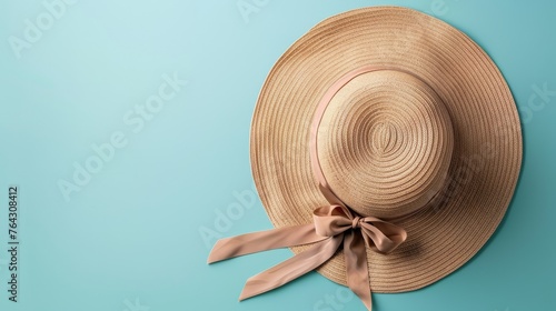 A minimalist sun hat with a ribbon against a solid color background AI generated illustration