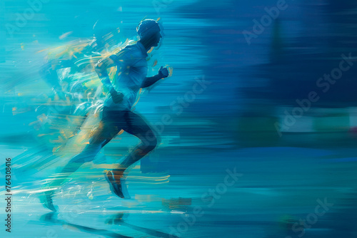 illustration of an athlete man, he is running leaving a speed trail on blue background © Amparo Garcia