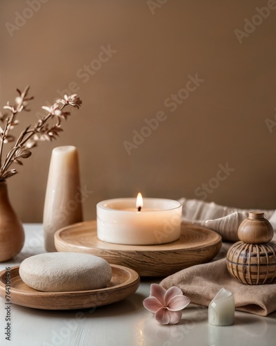 Spa Ambiance with Candle and Natural Elements, Perfect for Wellness Retreats, Relaxation Themes, Zen-Inspired Home Decor, or Aromatherapy Settings