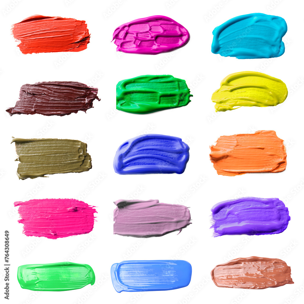 Paint strokes of different colors on white background, top view Paint strokes of different colors on white background, top view