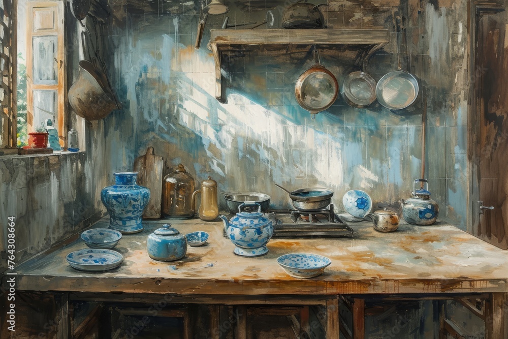 This photo depicts a painting of a kitchen featuring an arrangement of blue and white dishes on display, Impressionistic painting of an old Chinese kitchen, AI Generated