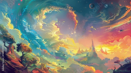 A psychedelic landscape with swirling clouds rainbow-colored mountains and fantastical creatures AI generated illustration