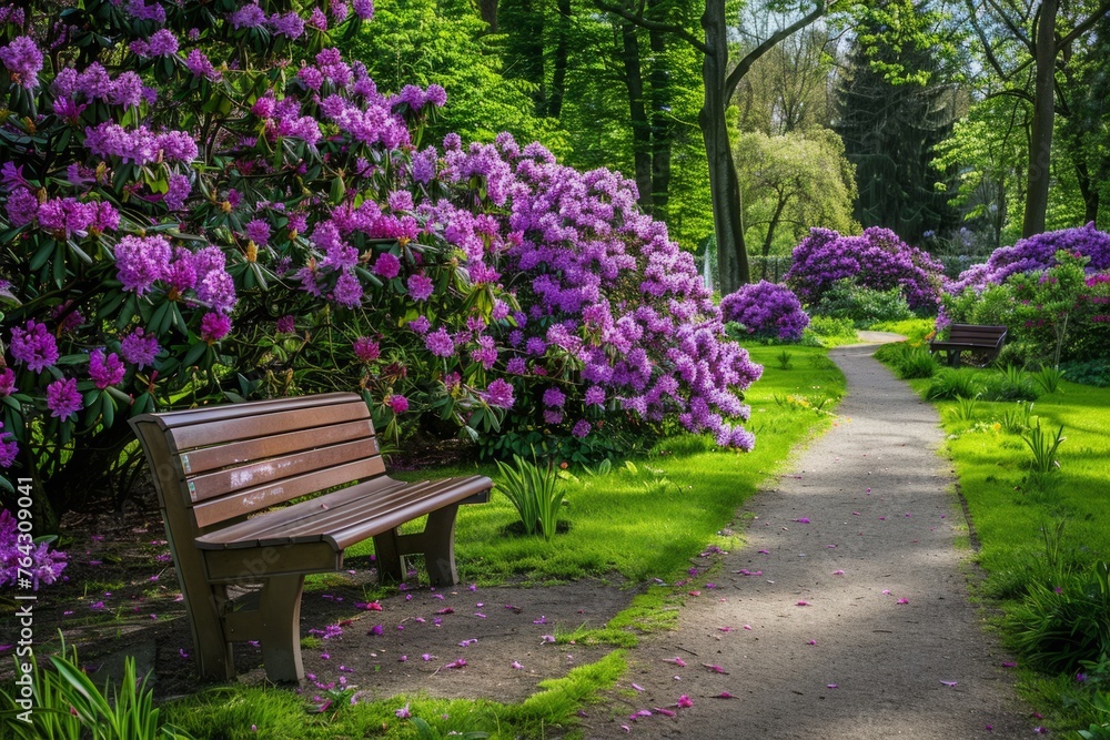 Garden with blooming rhododendron bushes, path and wooden benches in the park, purple flowers, trees, green grass Generative AI Garden with blooming rhododendron bushes, path and wooden benches in the park, purple flowers, trees, green grass Generative AI