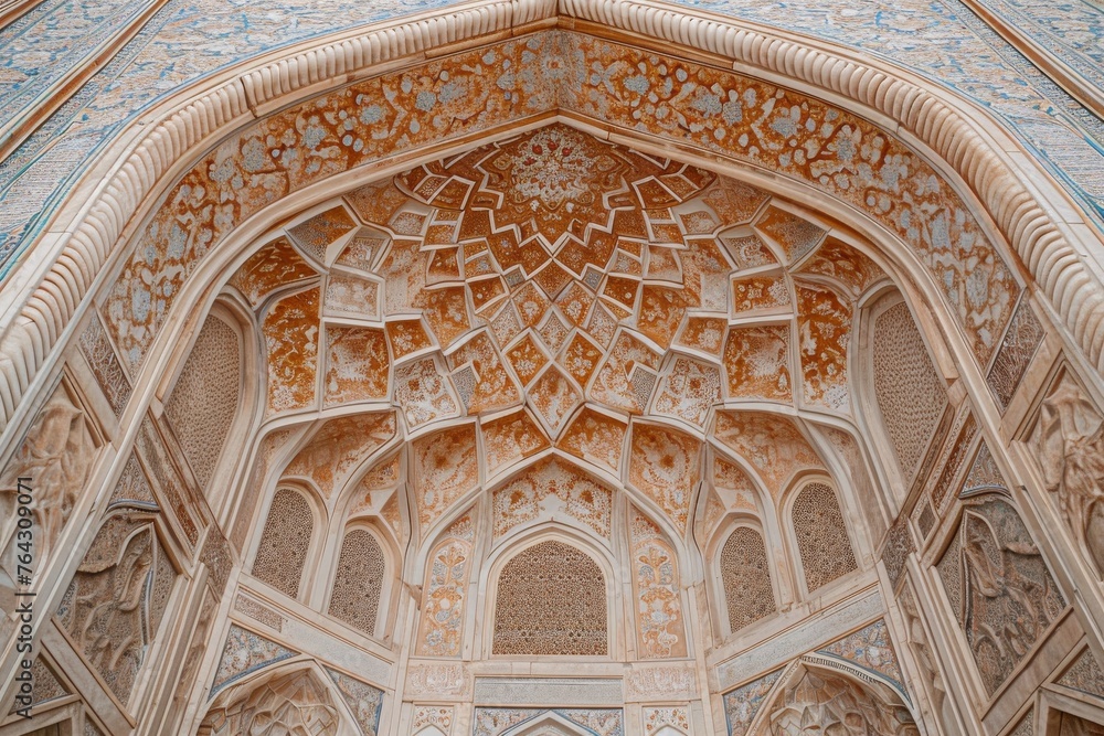 This photo showcases the intricate design and decoration of a wall and ceiling in a building, Intricate geometric patterns in mosque architecture, AI Generated