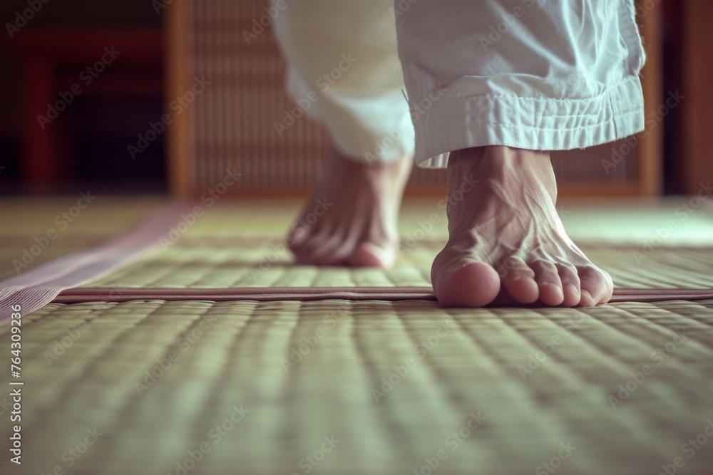 This photo captures a close-up view of a persons bare feet resting on a mat, Karateka's barefoot on a tatami mat, AI Generated This photo captures a close-up view of a persons bare feet resting on a mat, Karateka's barefoot on a tatami mat, AI Generated