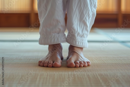 A person stands on a wooden floor, showcasing their balance and confidence, Karateka's barefoot on a tatami mat, AI Generated