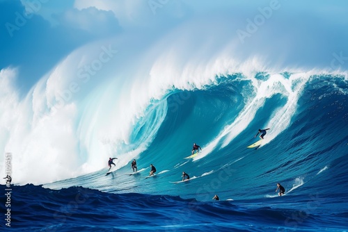 Group of Surfers Riding a Large Wave in the Ocean, Large group of surfers riding and enjoying a giant rolling wave together, AI Generated