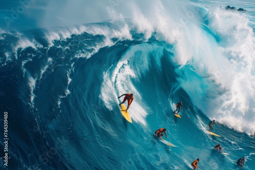 A Group of Surfers Riding a Large Wave in the Ocean, Large group of surfers riding and enjoying a giant rolling wave together, AI Generated © Iftikhar alam