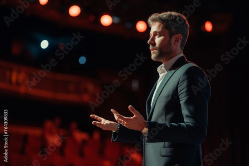 A man stands confidently in front of a stage, his hands stretched out in a gesture of anticipation or excitement, Man in professional business attire giving a TED talk on stage, AI Generated photo