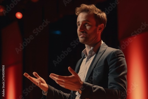 A man confidently stands in front of a microphone, prepared to speak or perform, Man in professional business attire giving a TED talk on stage, AI Generated