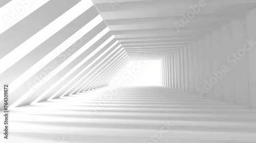 a long hallway with white walls and a light at the end of the tunnel in the middle of the room.