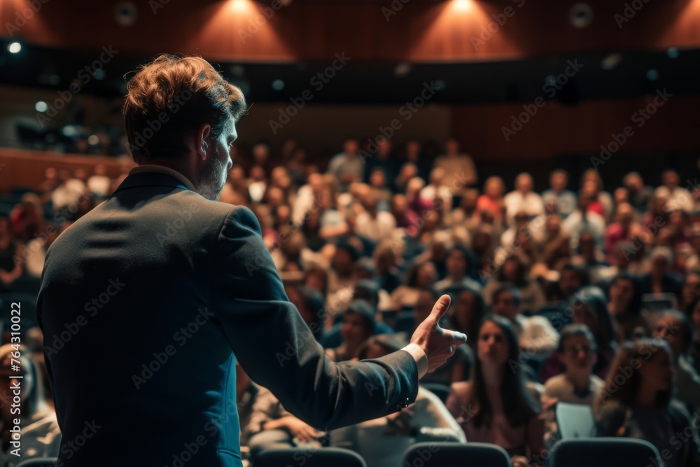 A man stands confidently in front of a large gathering of people, addressing them with determination and purpose, Man presenting a pitch in an auditorium filled with people, AI Generated A man stands confidently in front of a large gathering of people, addressing them with determination and purpose, Man presenting a pitch in an auditorium filled with people, AI Generated