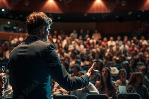 A man stands confidently in front of a large gathering of people, addressing them with determination and purpose, Man presenting a pitch in an auditorium filled with people, AI Generated